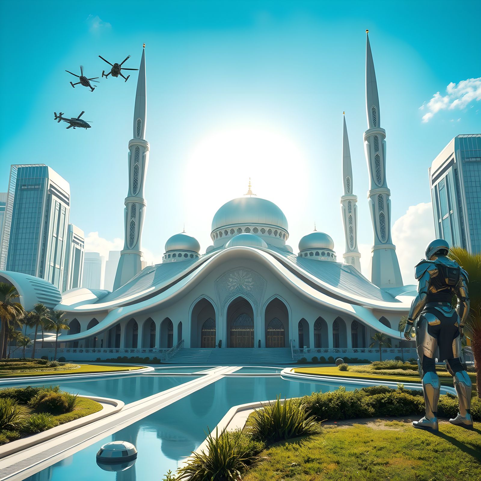 Futuristic Mosque in Serene Sci-Fi Cityscape