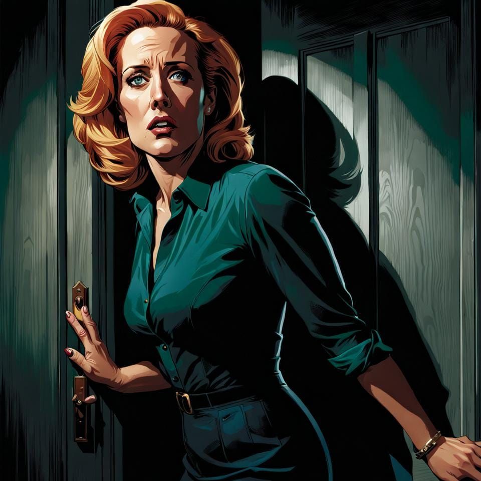 Frightened Woman in Doorway: Comic Book Illustration