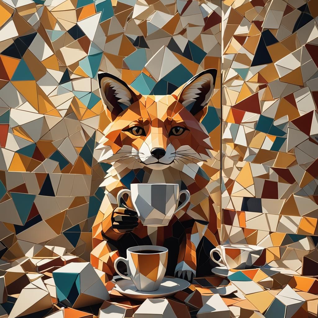 Geometric Cubist Fox Sips Coffee in Sunlight
