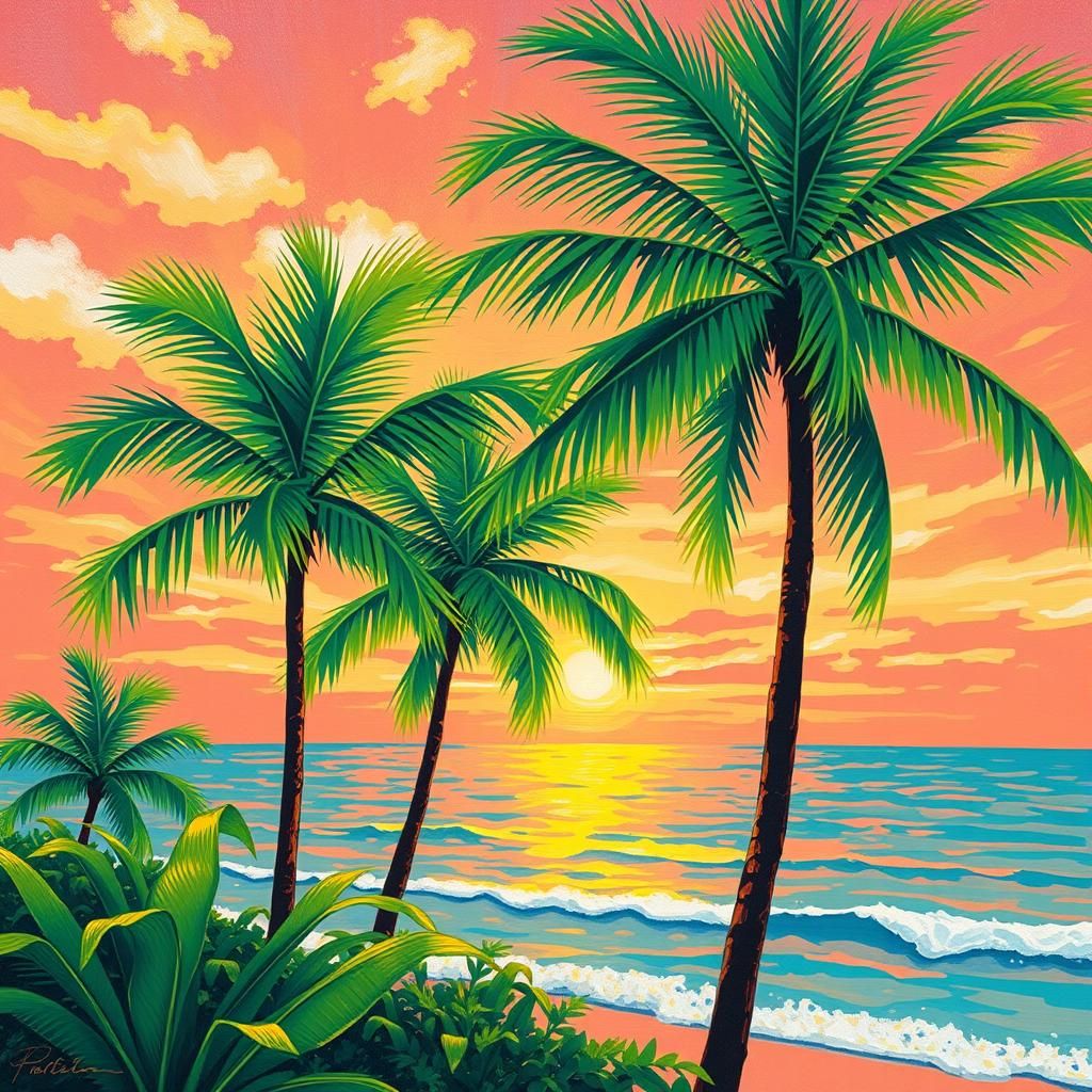 Golden Sunset Palm Trees in Impressionist Style