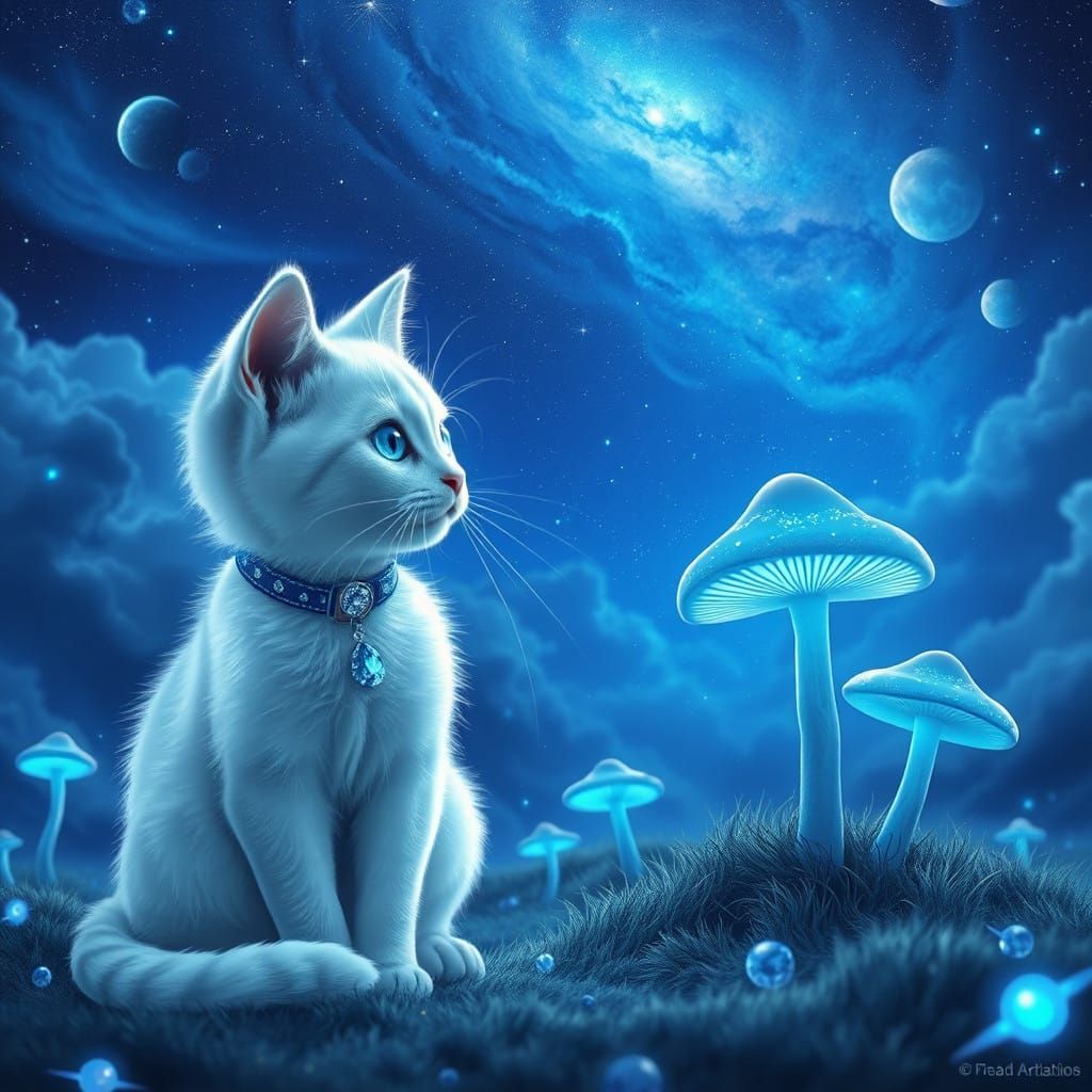 Regal White Cat in Whimsical Candyland Landscape with Glowin...