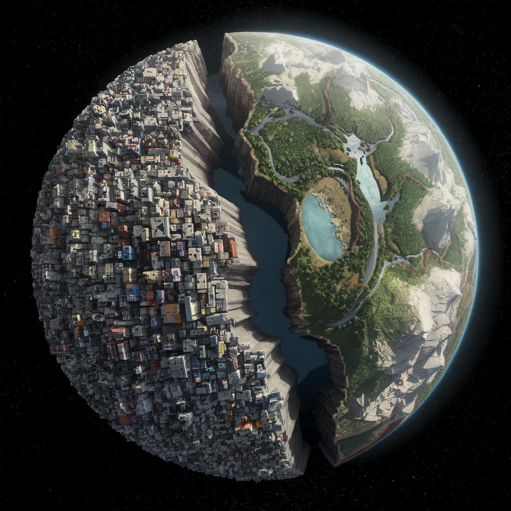 Hypermaximalist Science Fiction Scene of a Split Planet