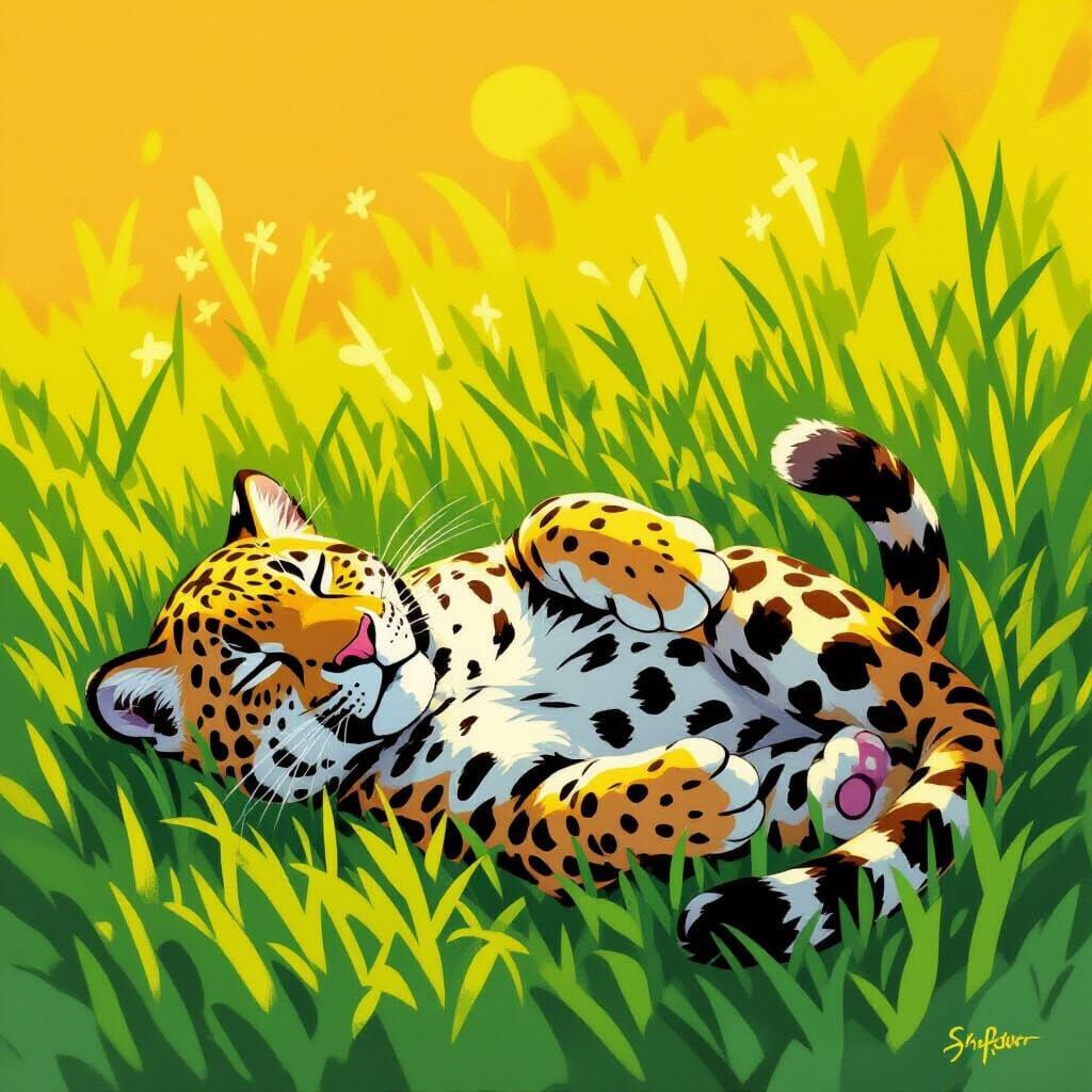 Young Jaguar in Golden Light, Impressionist Whimsical Style
