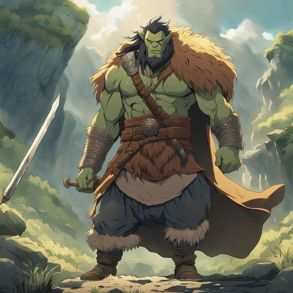 Half-Orc Barbarian in Anime Style