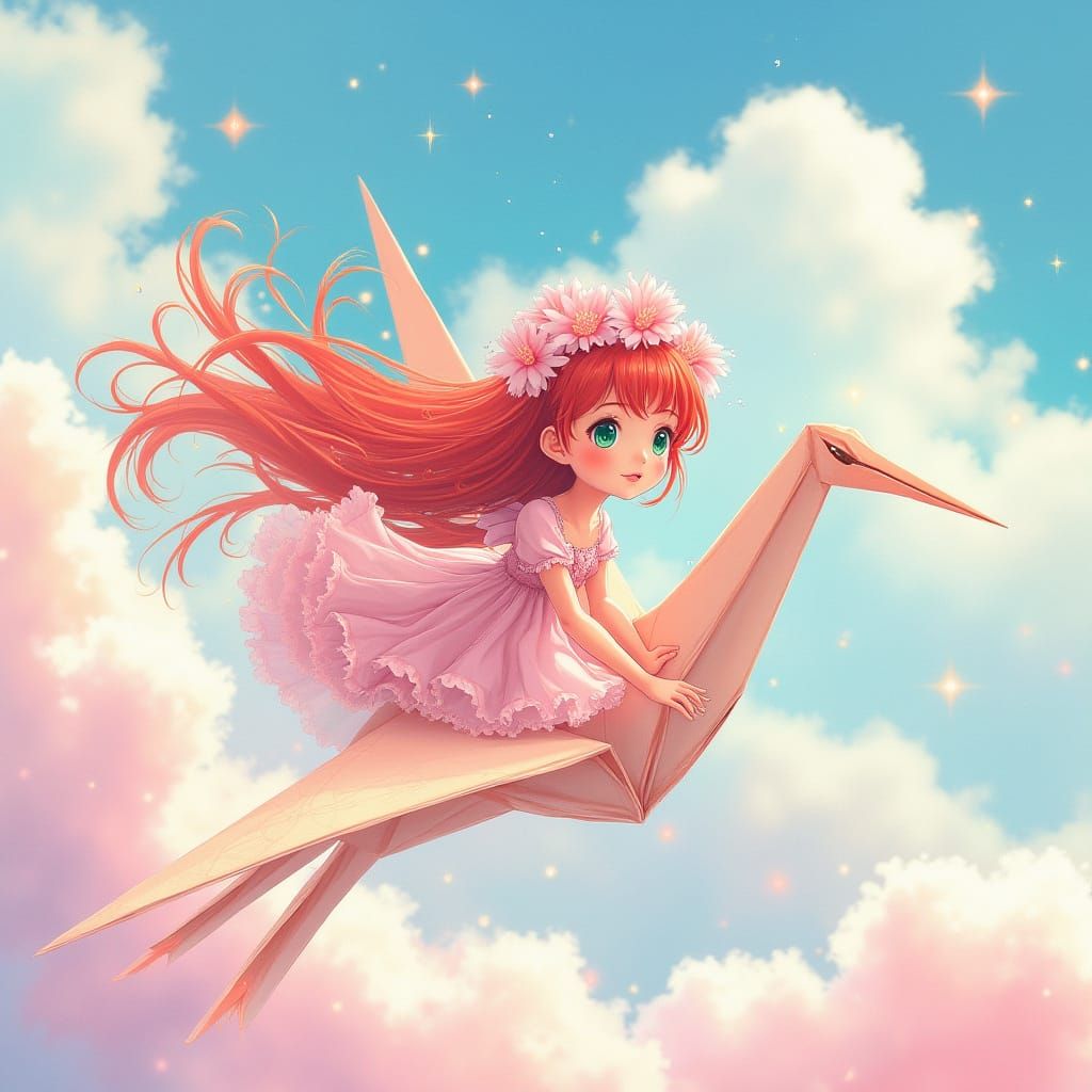 Magical Girl Soaring on Origami Crane in Pastel Sky