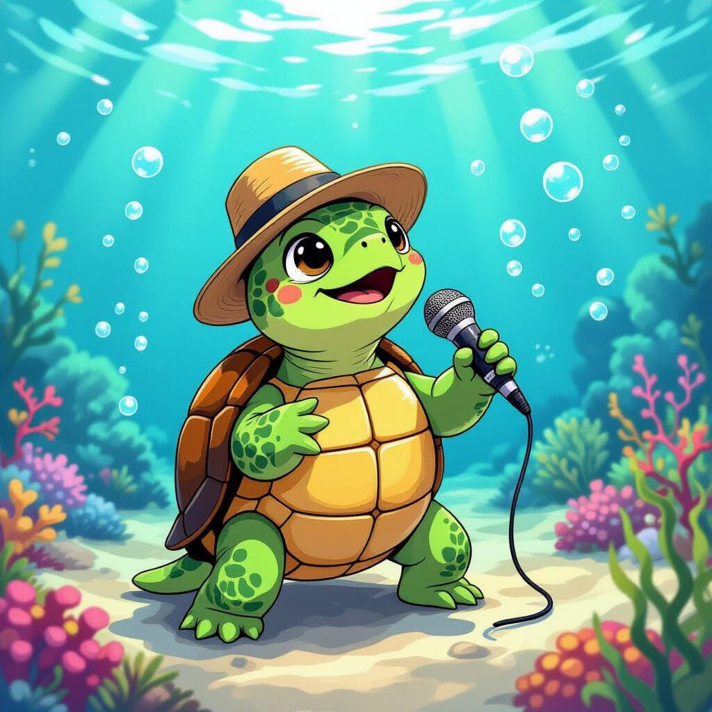 Whimsical Turtle Sings Underwater in Dreamy Style