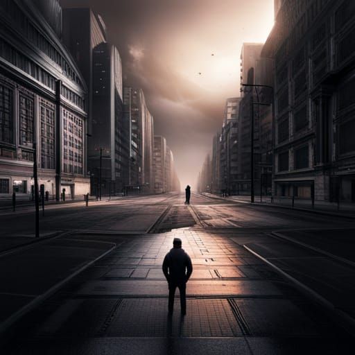 Hyperrealistic Man in Hoodie Overlooking City