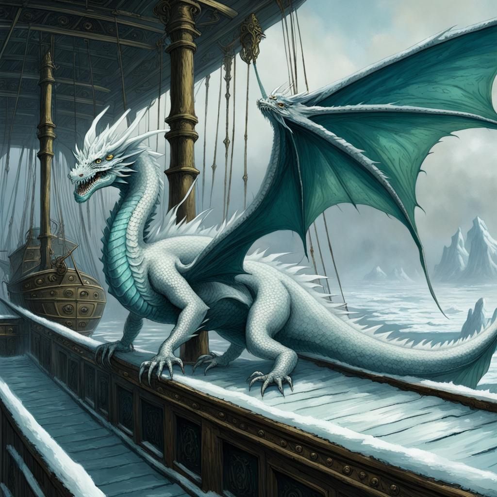 Icy Dragon on Frosty Ship Deck: Gothic Horror Art