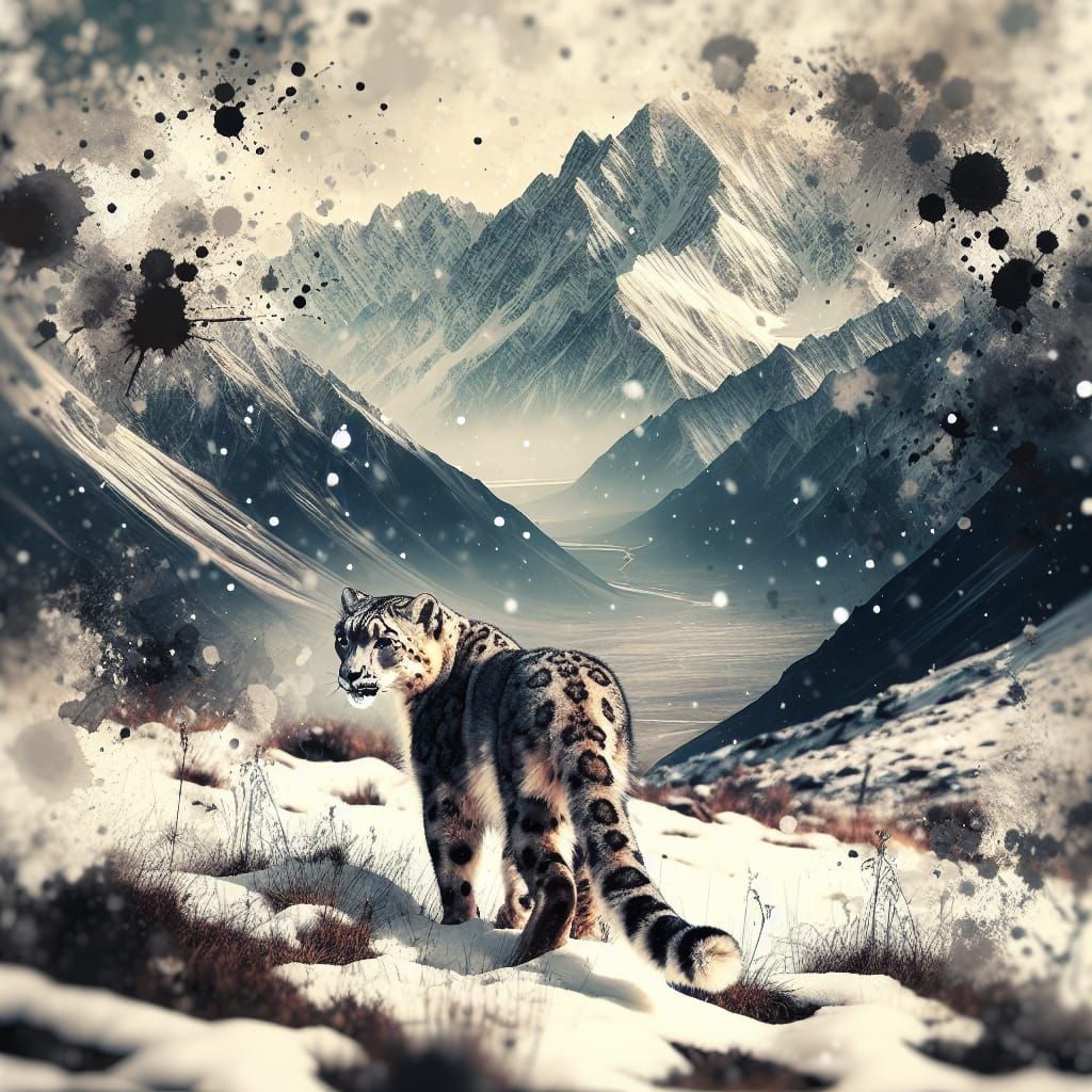 Snow Leopard in High Mountains: Ink Splatter Art