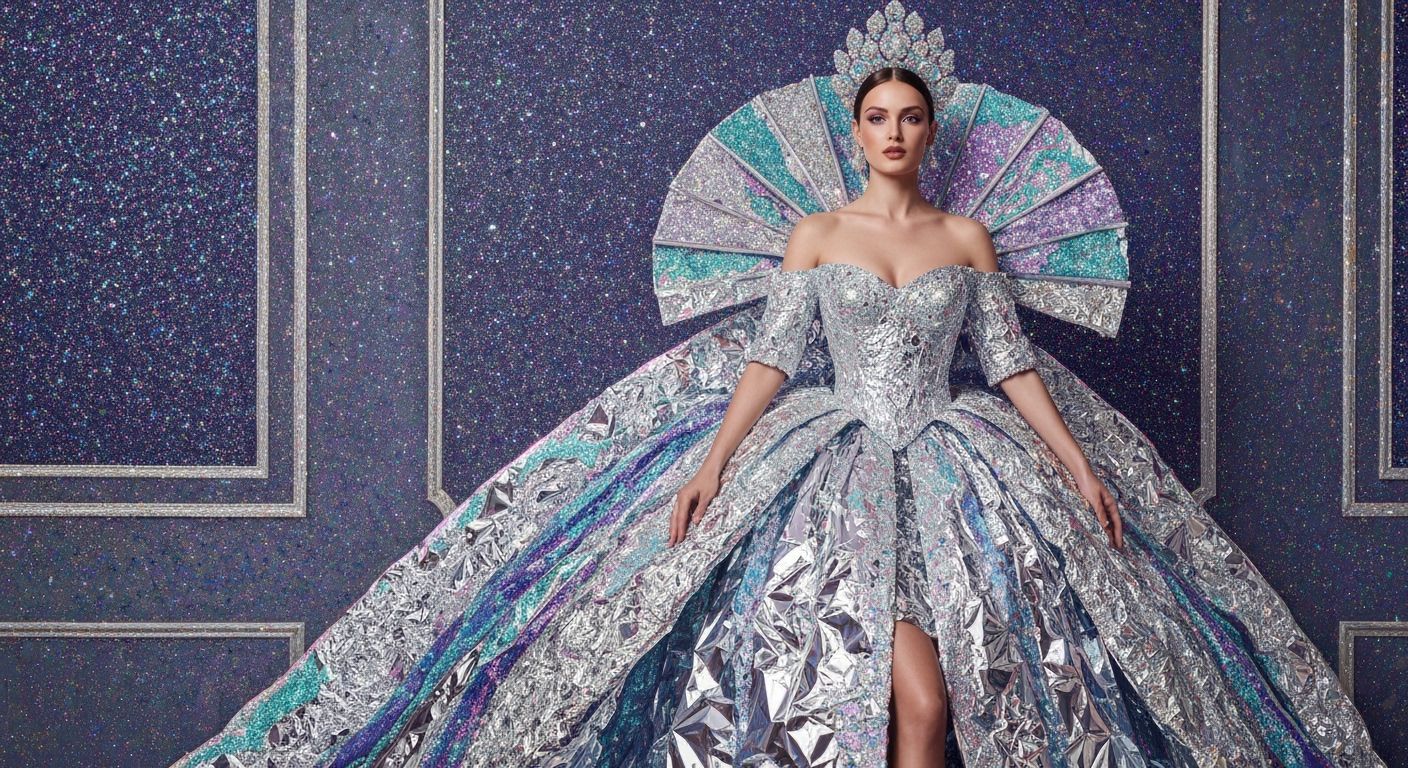Aluminum Couture Gown: Hyperrealistic Oil Painting
