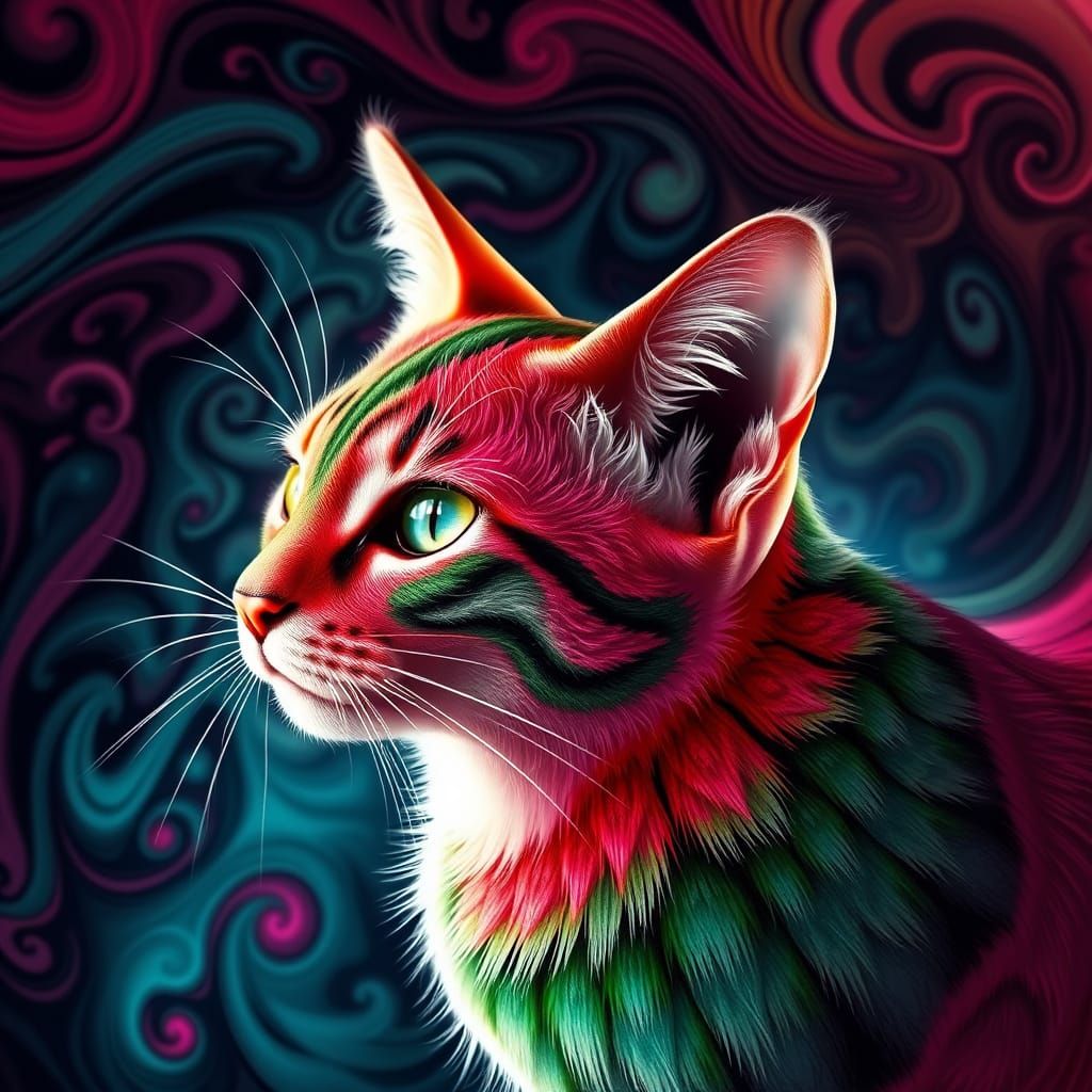 Whimsical Feline Hybrid in Vibrant Watermelon-Inspired Fract...
