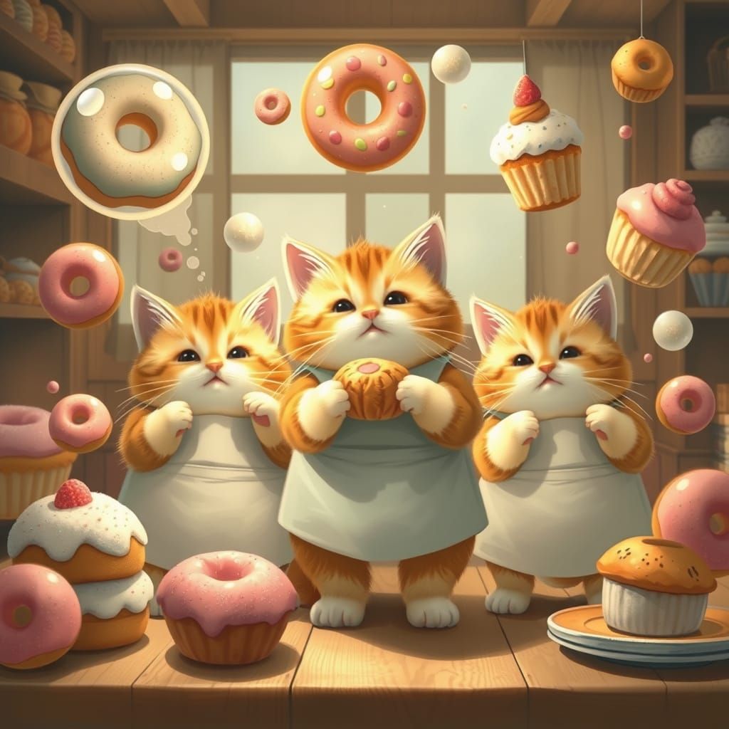 Kittens Bake Floating Bubble Pastries: Whimsical Realism