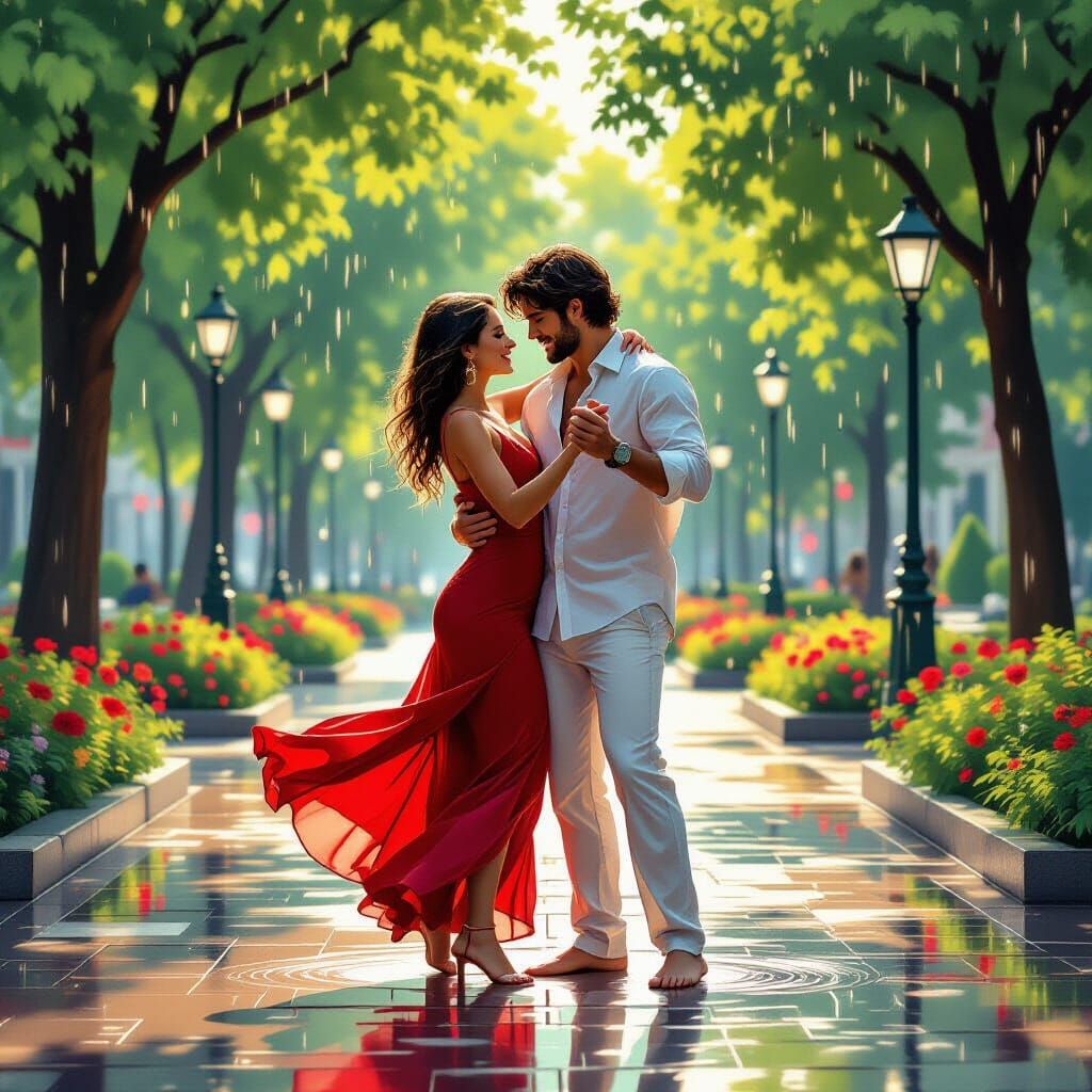 Romantic Couple's Rainy Salsa Dance, Cinematic Style