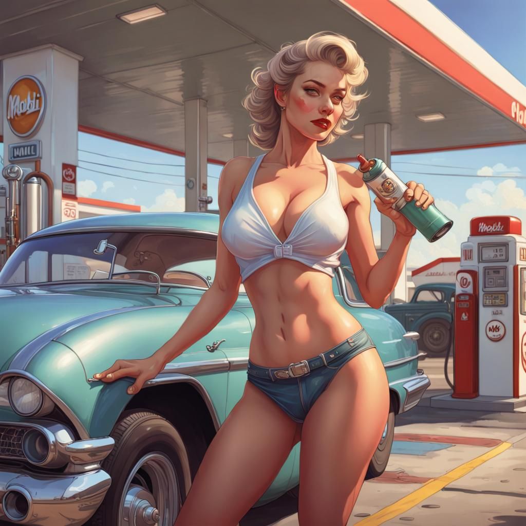 1930s Pin-Up Girl at Mobil Gas Station