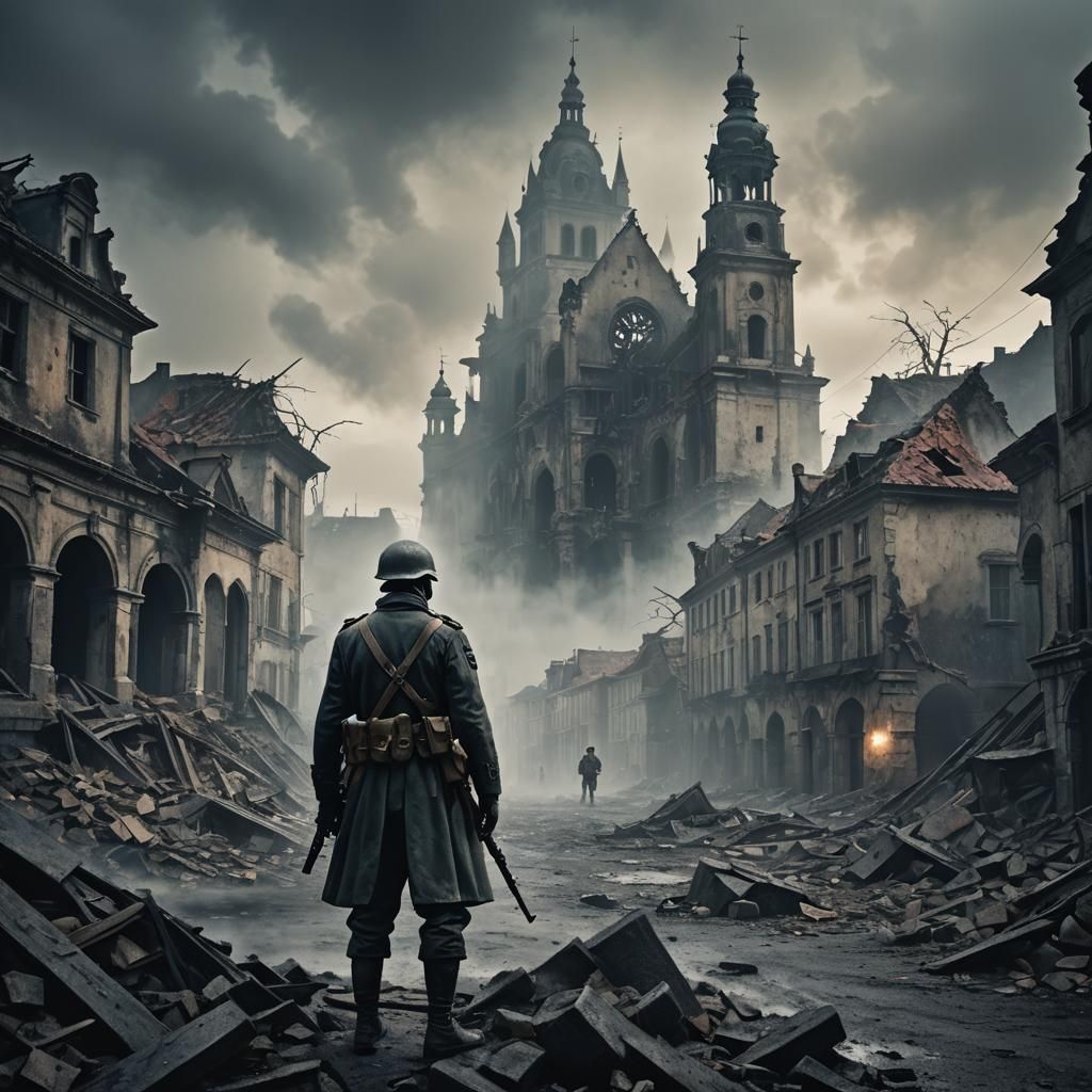 Dark Fantasy German Soldier in Ruined Cityscape