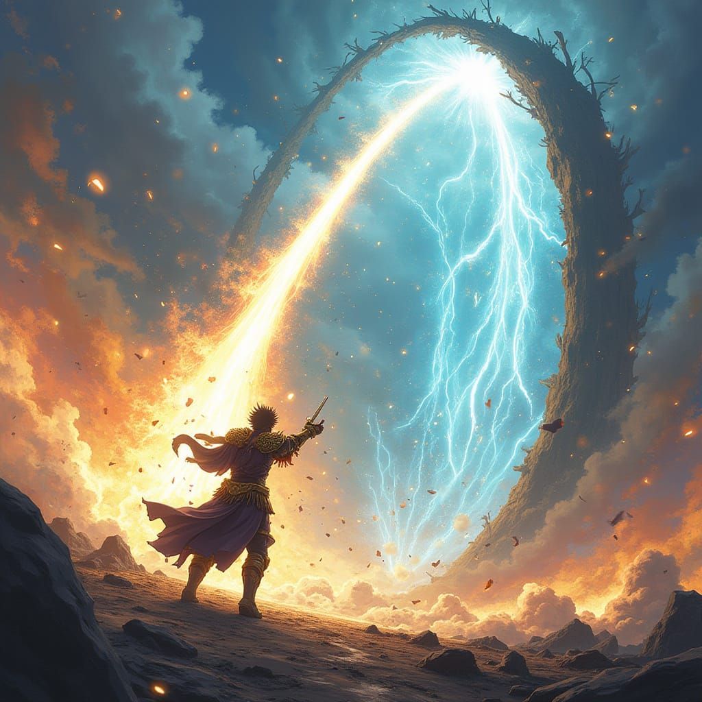 Anime Warrior Summons Energy Beam at Interdimensional Portal