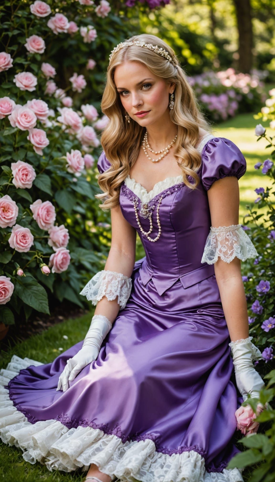 Elegant Woman in Blooming Garden, Fashion Editorial Style