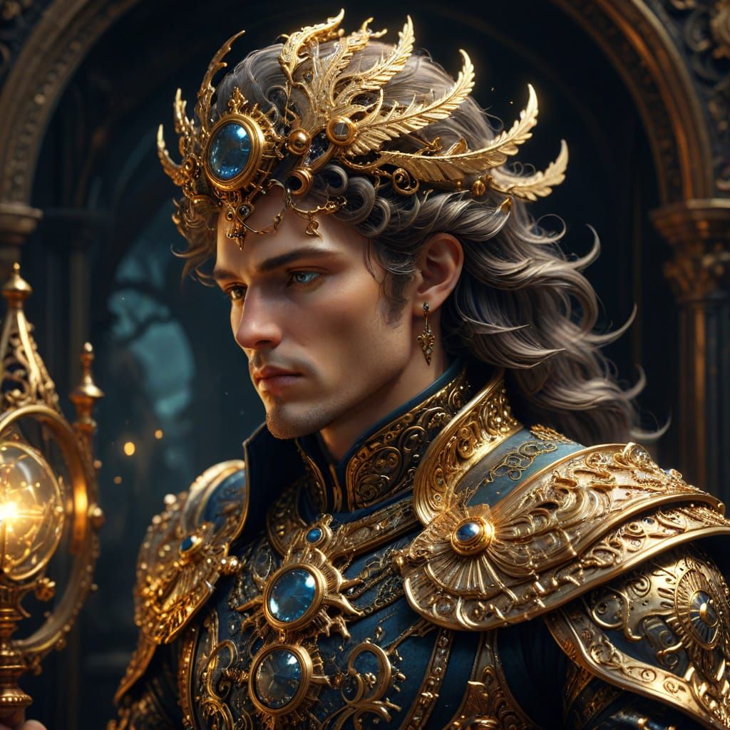 Golden Keeper of Whimsical Wonder in Majestic Baroque Style