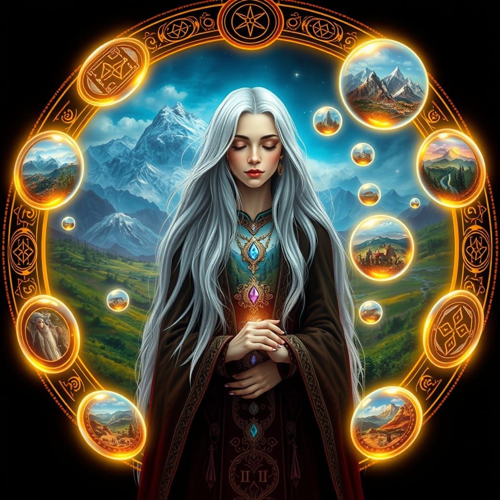 Sorceress in a Circle of Glowing Sigils with Ethereal Vistas