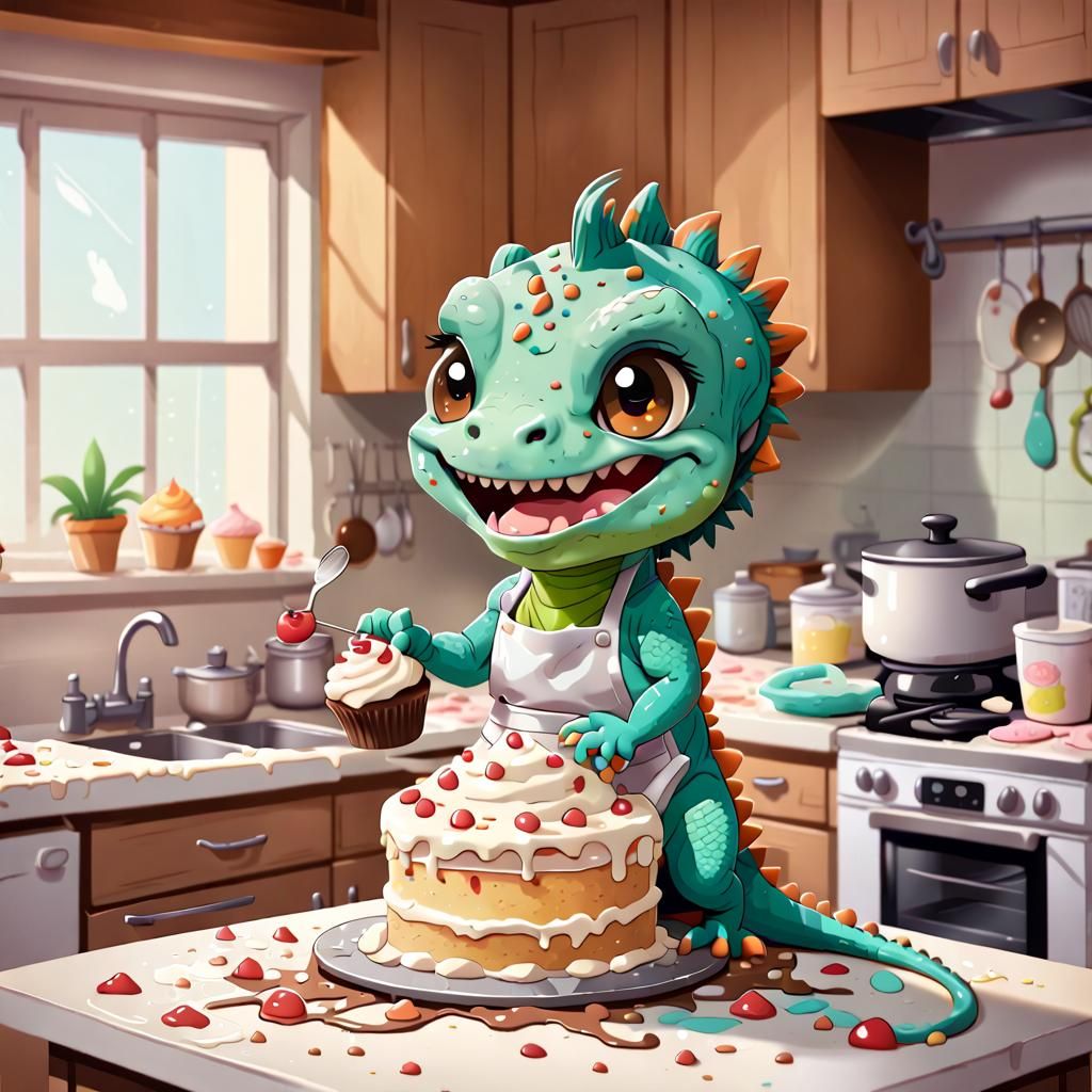 Cheerful Chibi Lizard Baking a Cake