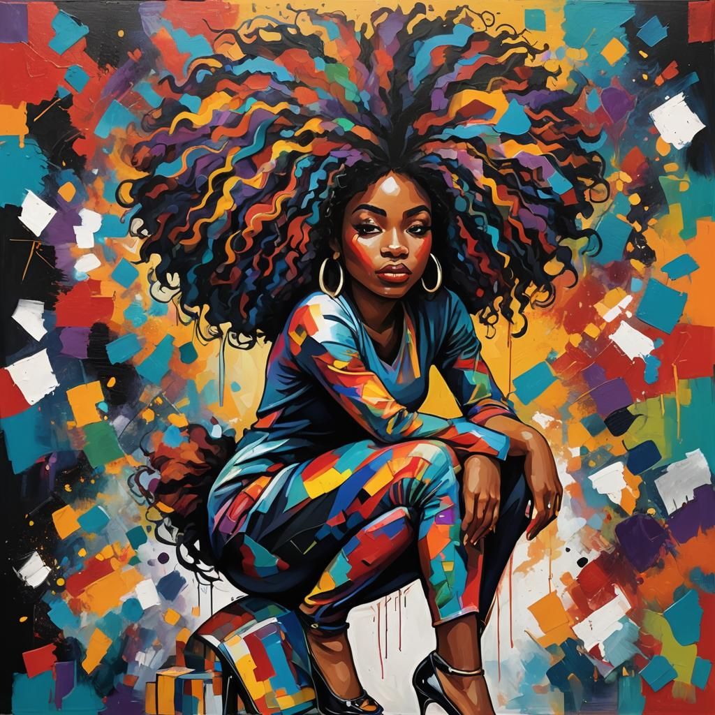 Abstract Painting of a Woman with Multicolored Hair