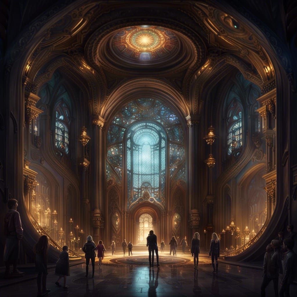 Dimensional Portal in Ornate Room with Glass Ceiling