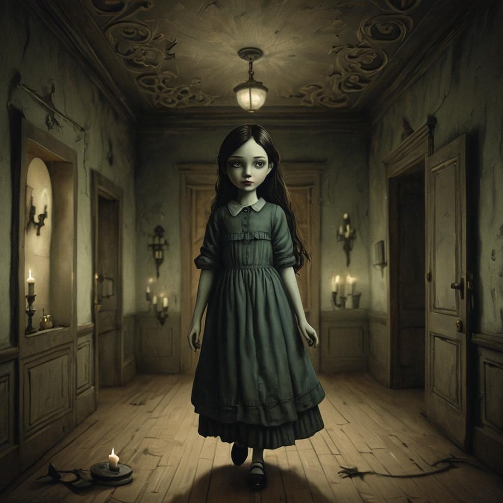 Girl in Shadowy Corridors: Dark Fantasy Illustration