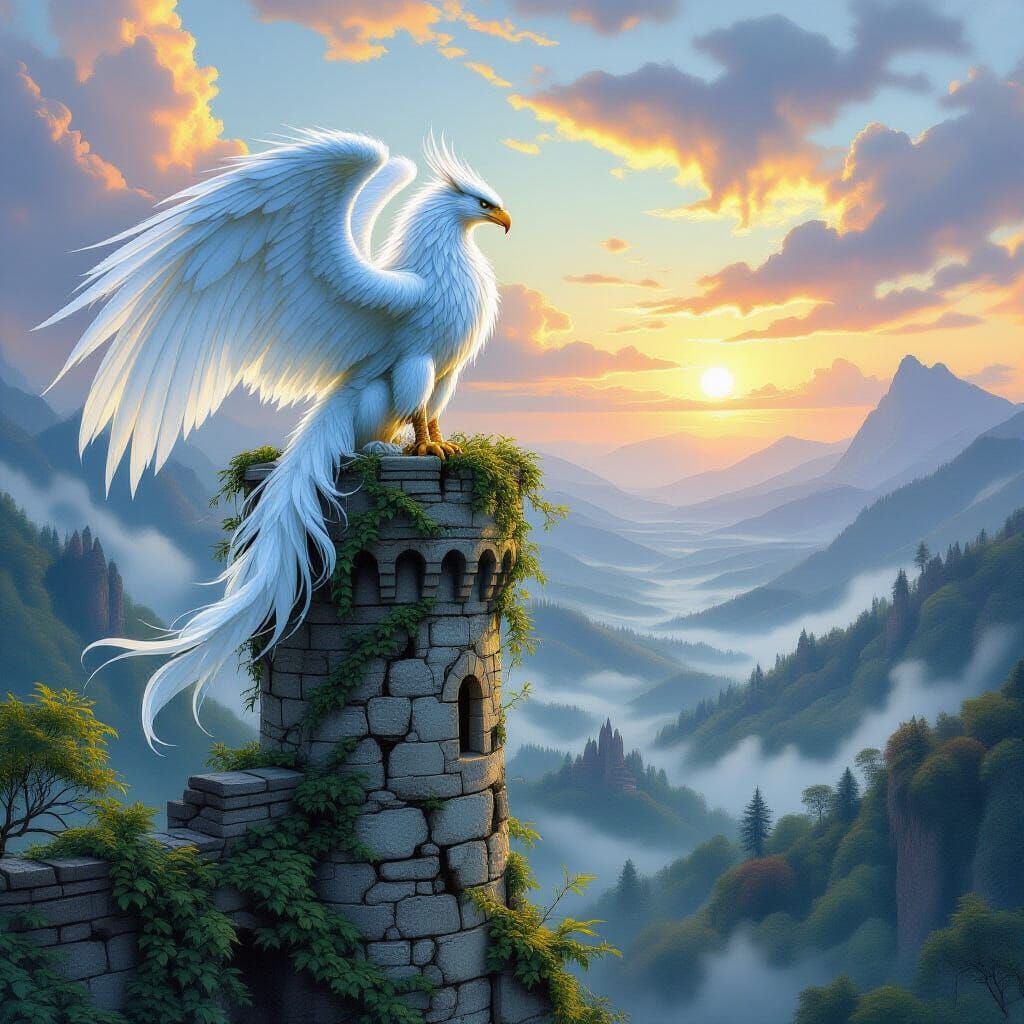 Iridescent Griffin Perched on Ancient Tower