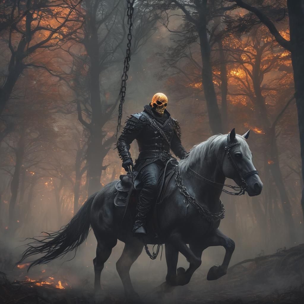Ghost Rider on Horseback in Mystical Forest