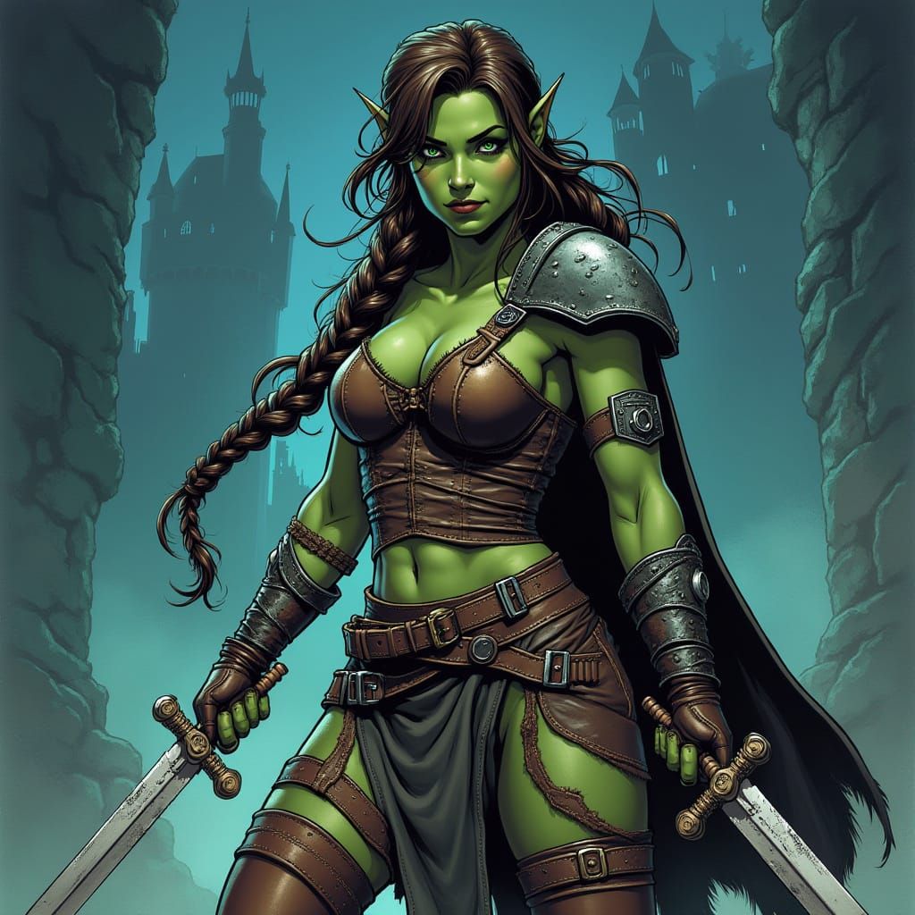 Female Orc Assassin in Style of Line Art