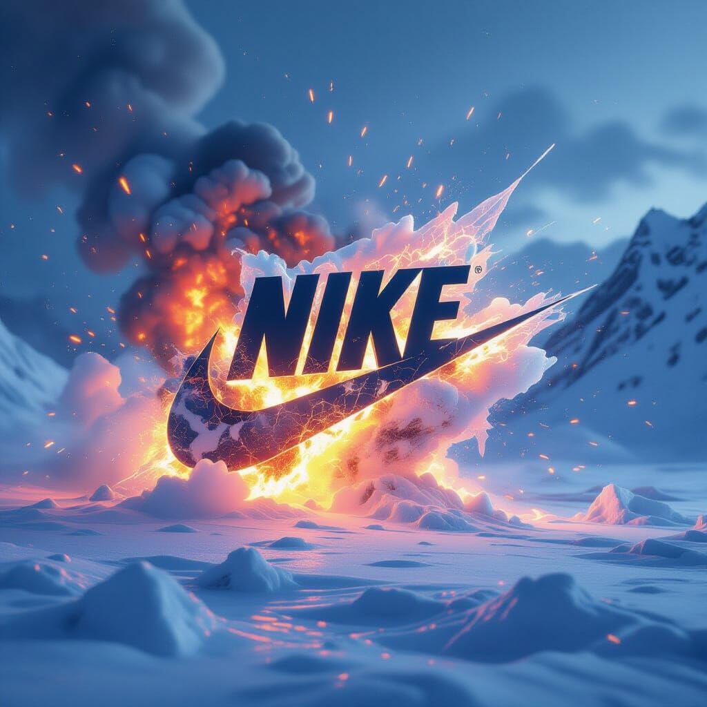 Nike Logo Explodes in Fire and Ice Amidst Blizzard