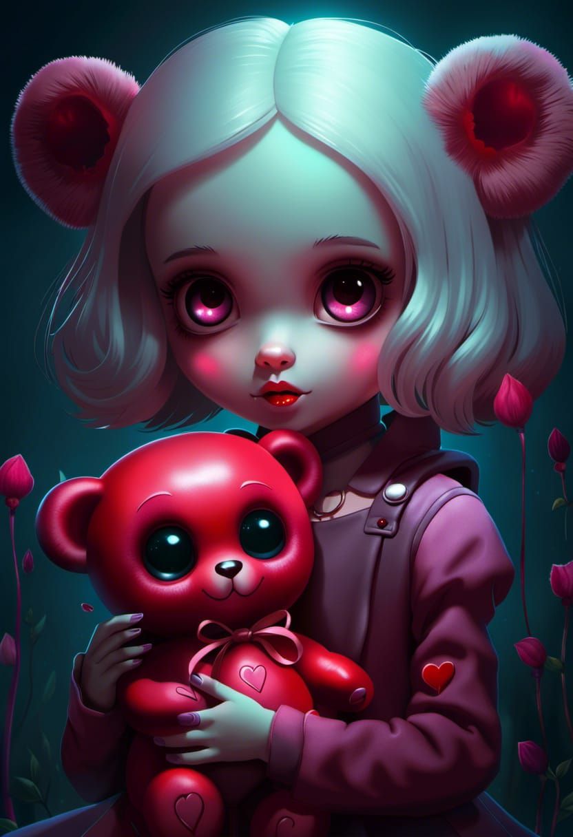 Creepy Cute Alien Girl with Teddy Bear