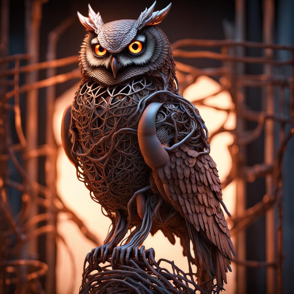Steampunk Owl Wire Sculpture on Metal Snake