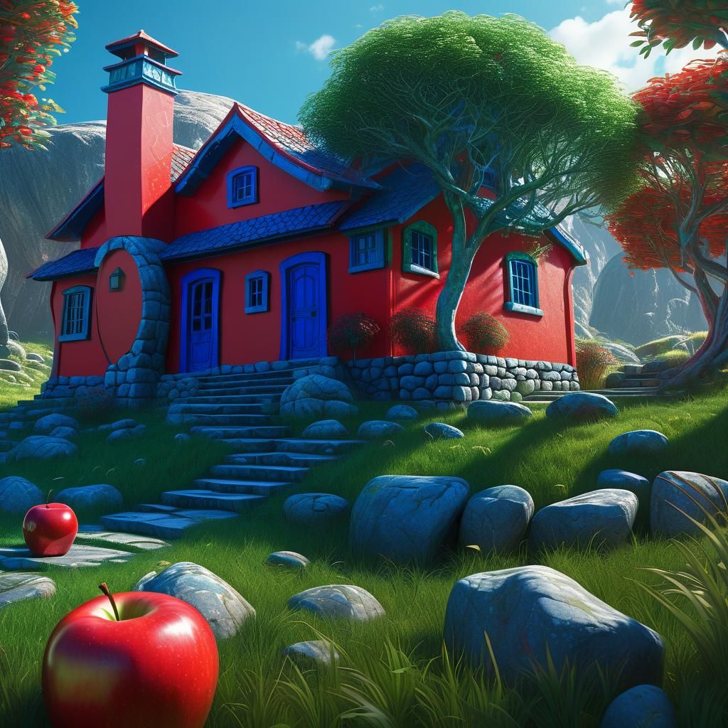 Red and Blue House in Fantasy Landscape