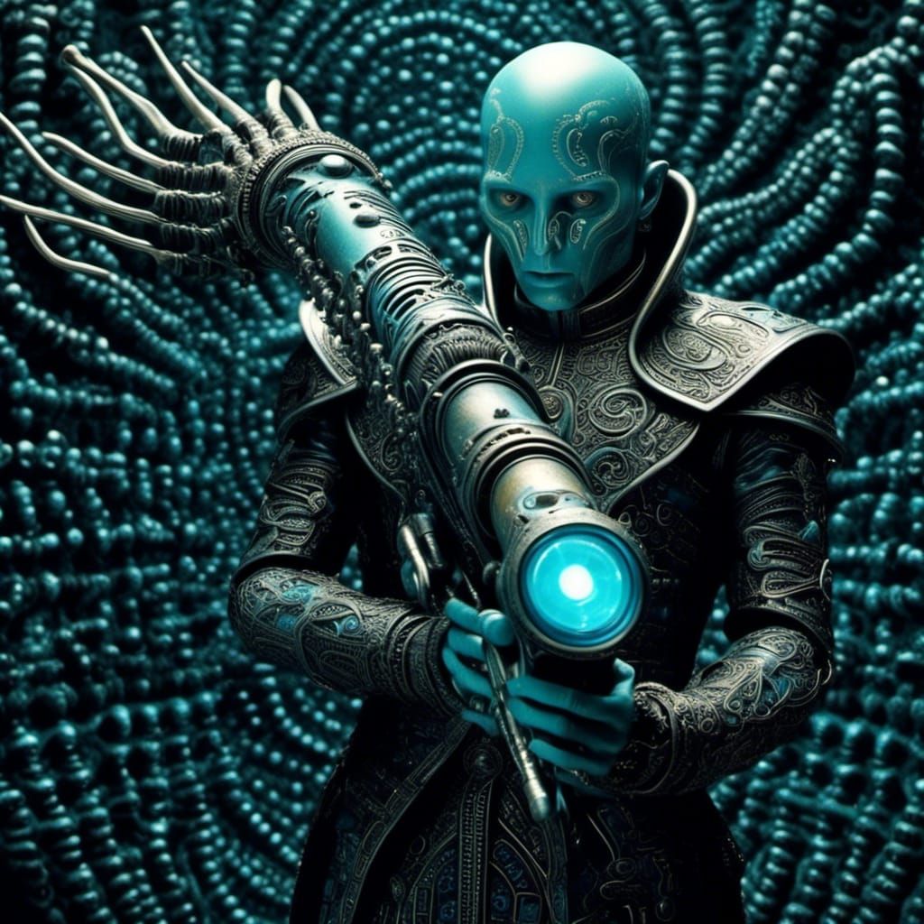 Othello's Raygun: Biomechanical Art in Raygun Gothic Style