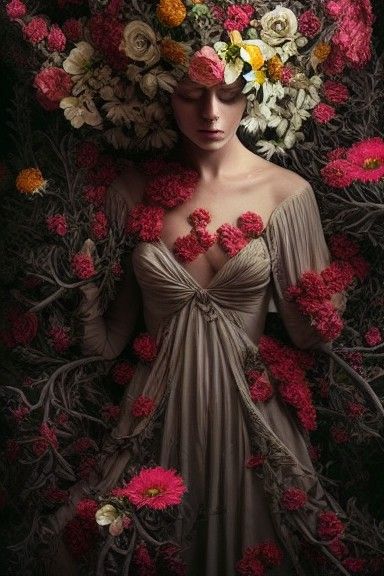 Floral Adorned Woman: Hyperrealistic Detailed Photography
