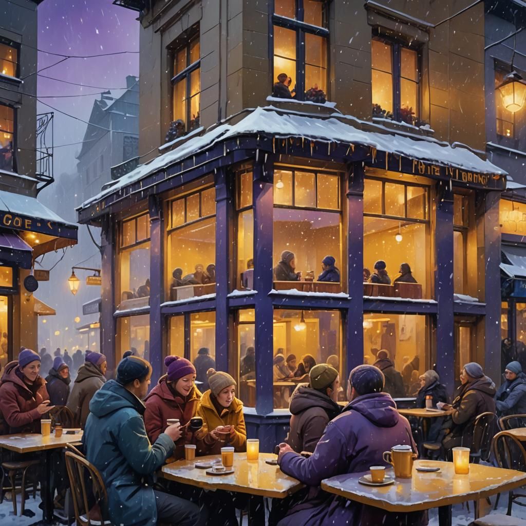 Night Café: Warm Interior on a Snowy Night