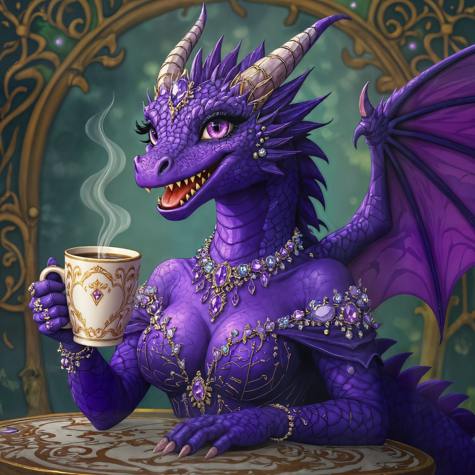 Gem-Crusted Purple Dragon with Coffee, Digital Art