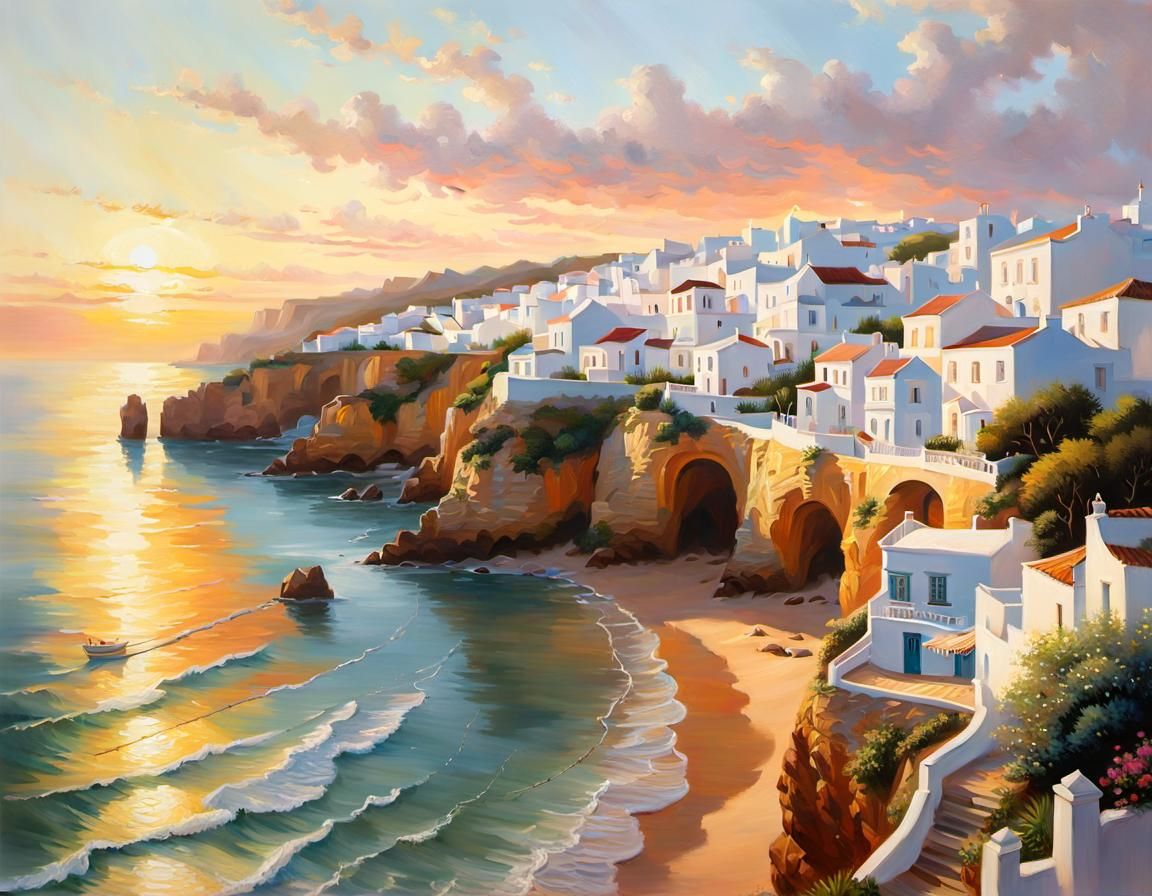 Albufeira White Houses Sunrise: Hyperrealistic Oil Painting