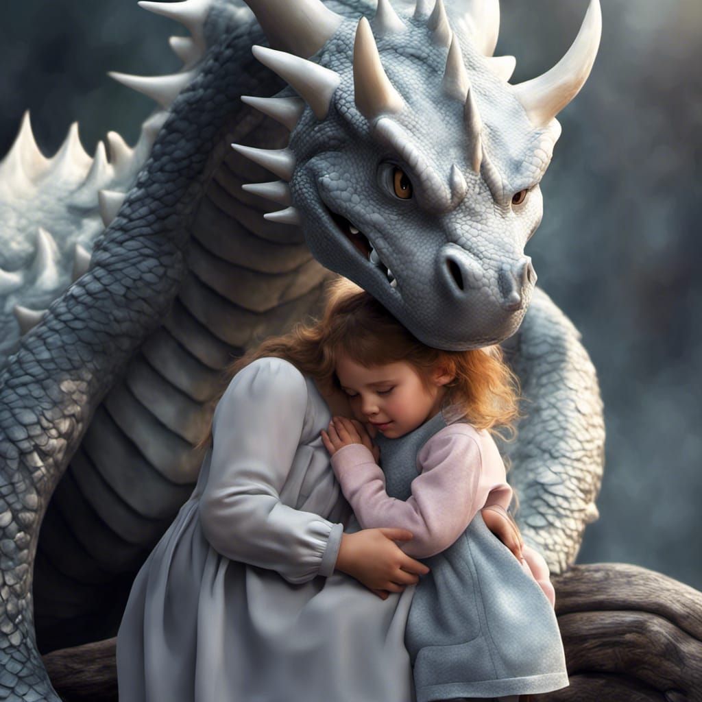 Little lady loves her dragon! 
Prompt Share: photographic image, digital art of two-year-old cute little lady hugging li...