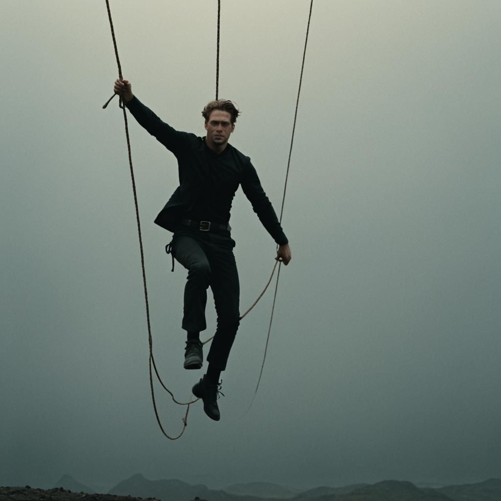 Man Walks Tightrope in Void: Cinematic Still