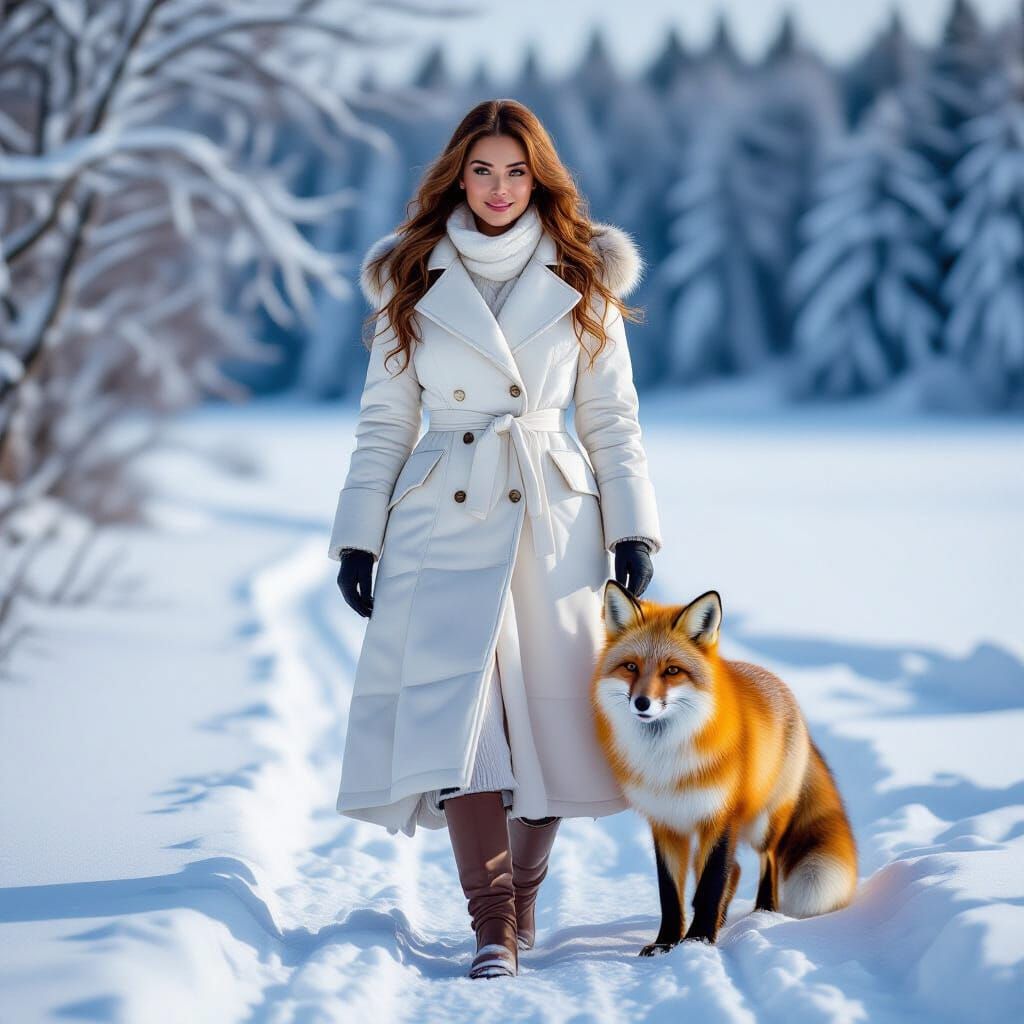 Woman in Winter Coat with Fox in Snowy Landscape