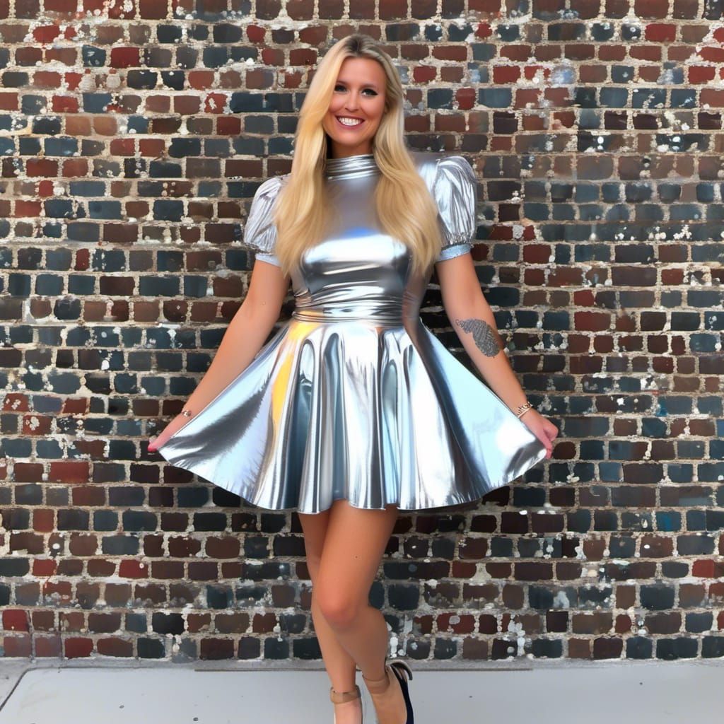 Woman in Shiny Plastic Skater Dress