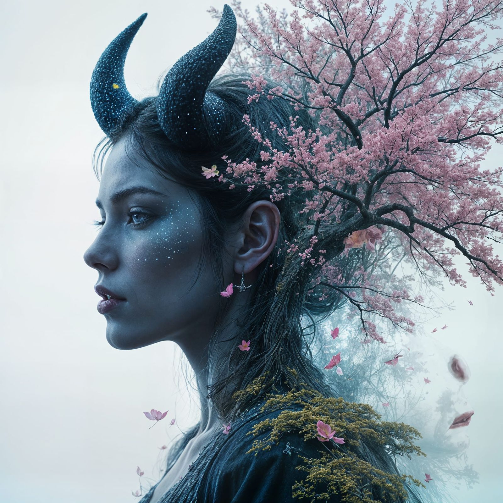 Surreal Tiefling Double Exposure with Seasonal Forest