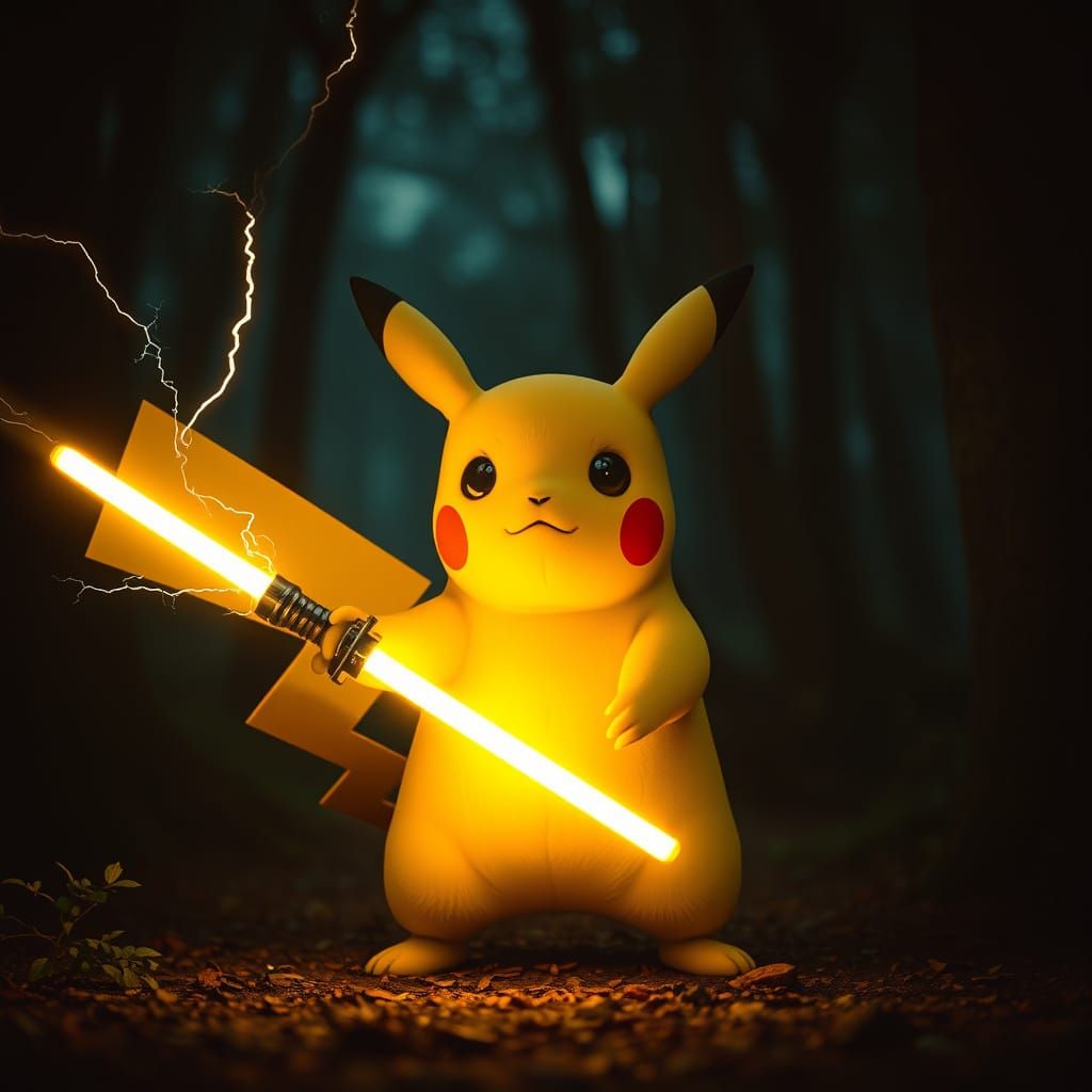 Heroic Pikachu Wields Vibrant Yellow Lightsaber in Mystical ...