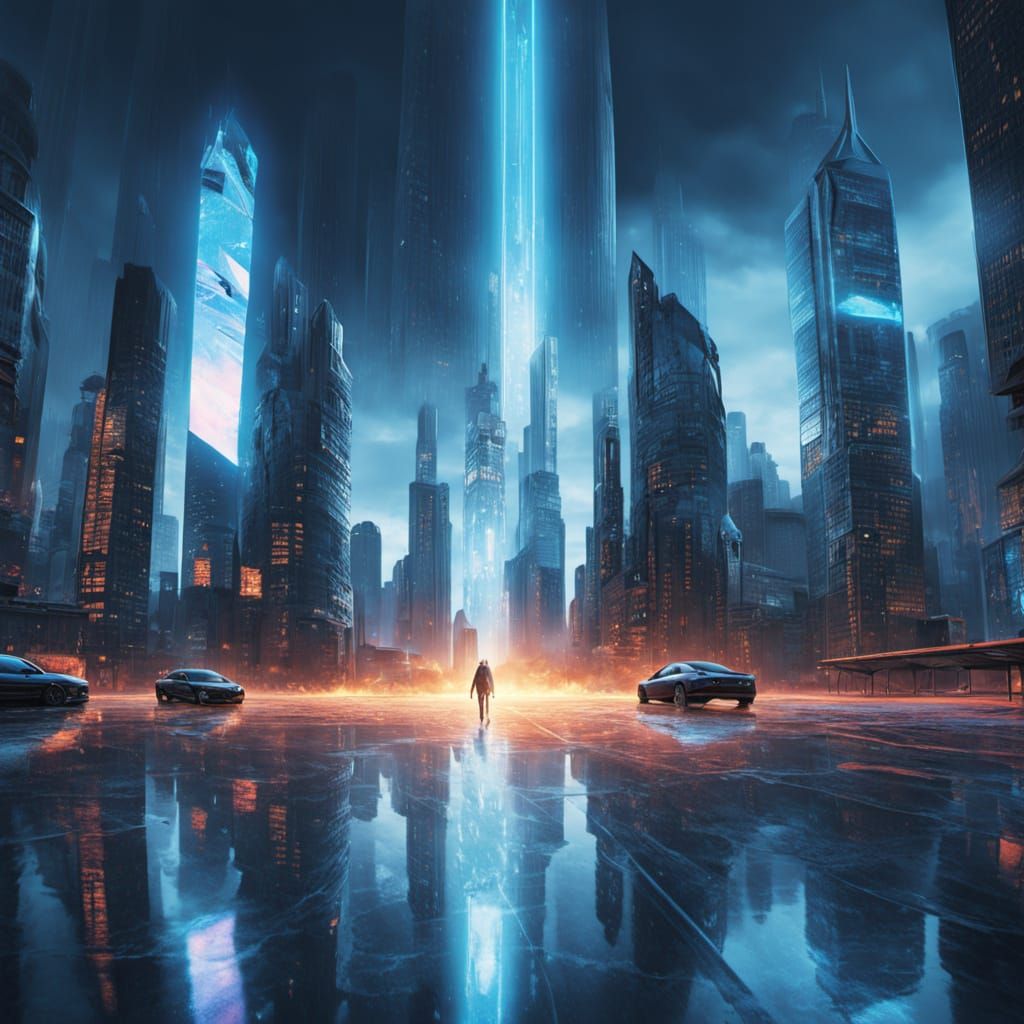 High Tech Overlord Hologram in Futuristic City