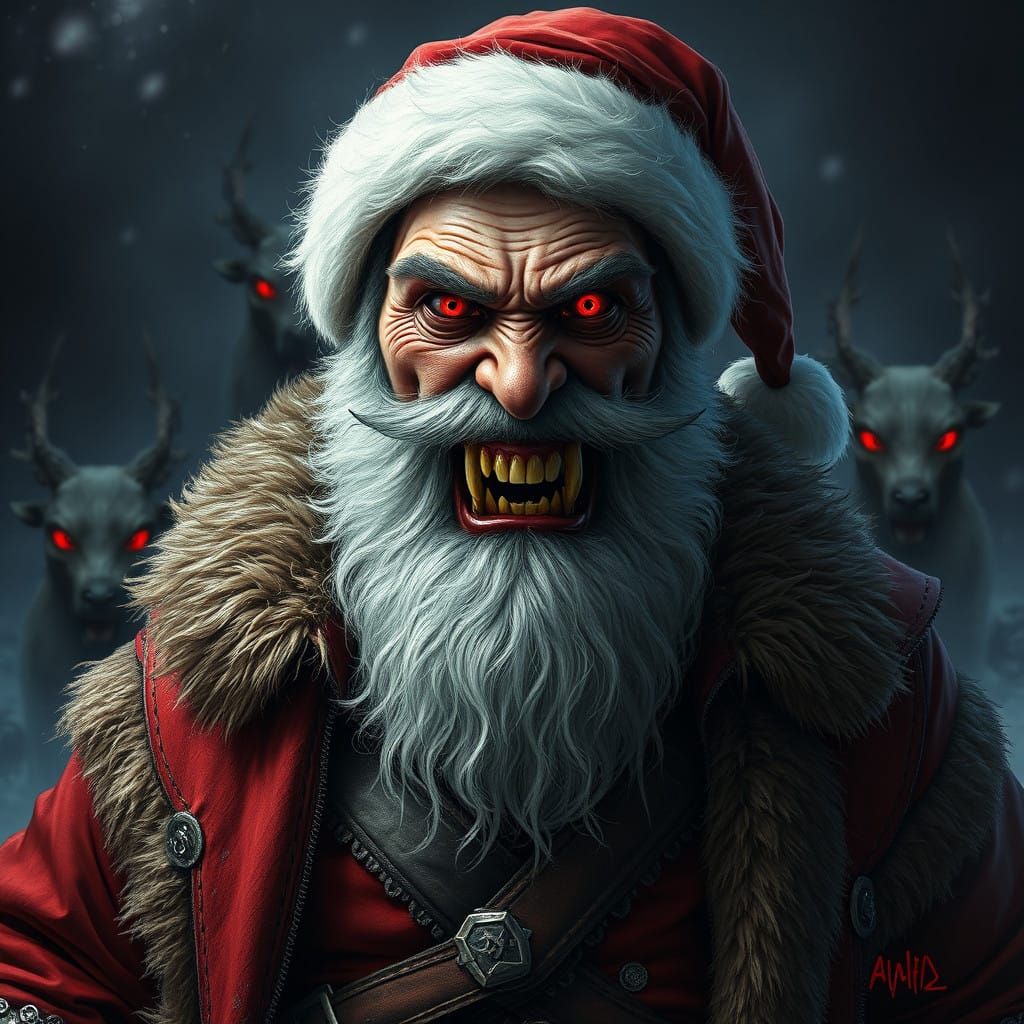 Dark, Gothic Santa Claus with Twisted Grin and Gnarly Teeth