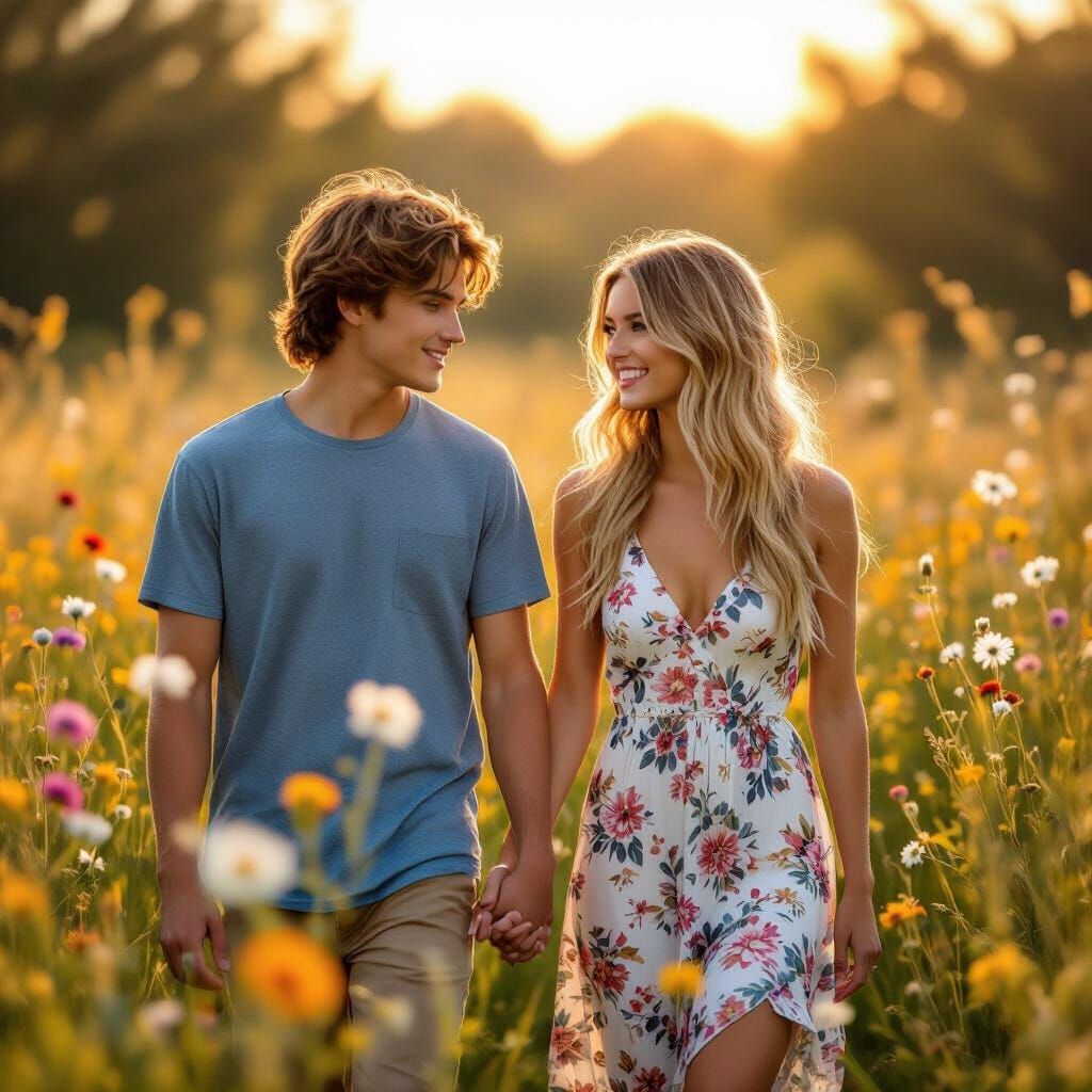 Young Couple Walking Through Sunlit Wildflower Meadow