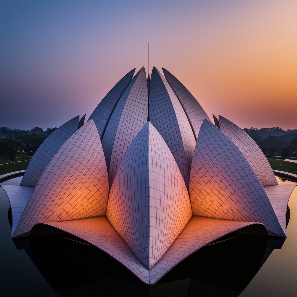 Lotus Temple, New Delhi at Dusk: A Golden Illumination
