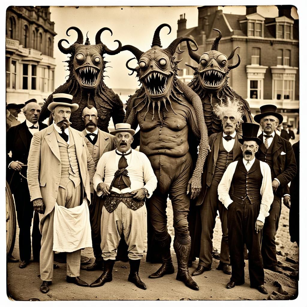 Lovecraftian Monster Seaside Sepia Photograph